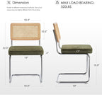 Zesthouse Natural Rattan Dining Chairs Set of 2, Mid Century Modern Dining Chairs with Solid Wood Back & Chrome Base, for Kitchen Living Room, Breuer Design Inspired, Upholstered Linen Fabric, Green