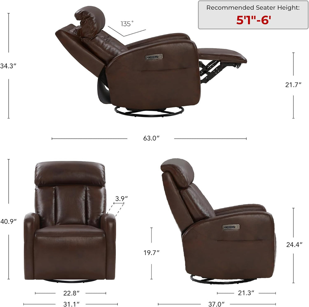 CHITA Genuine Leather Power Recliner Chair, Swivel Rocker, Cognac Brown | Ele...