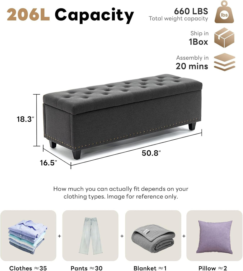 Tbfit 50.8" Ottoman with Storage, Button‑Tufted Bench with Safety Hinge ...