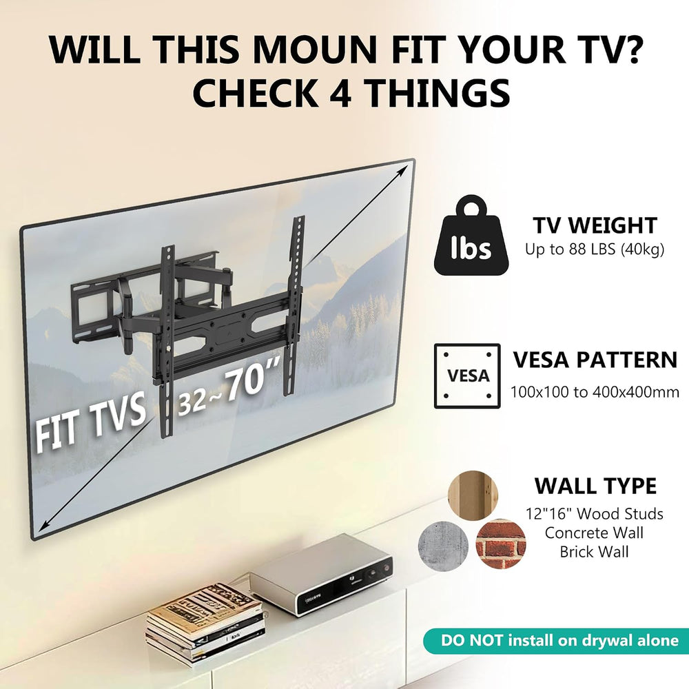 WALI Full Motion TV Wall Mount for 32–70 Inch TVs – Dual Articulating Mount w...