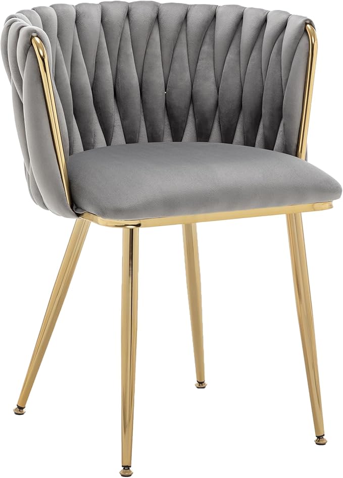 Kiztir Velvet Dining Chairs Set of 6 Woven Dining Chairs with Gold Metal Legs Upholstered Modern Dining Room Chair for Living Room, Bedroom, Kitchen (Grey)