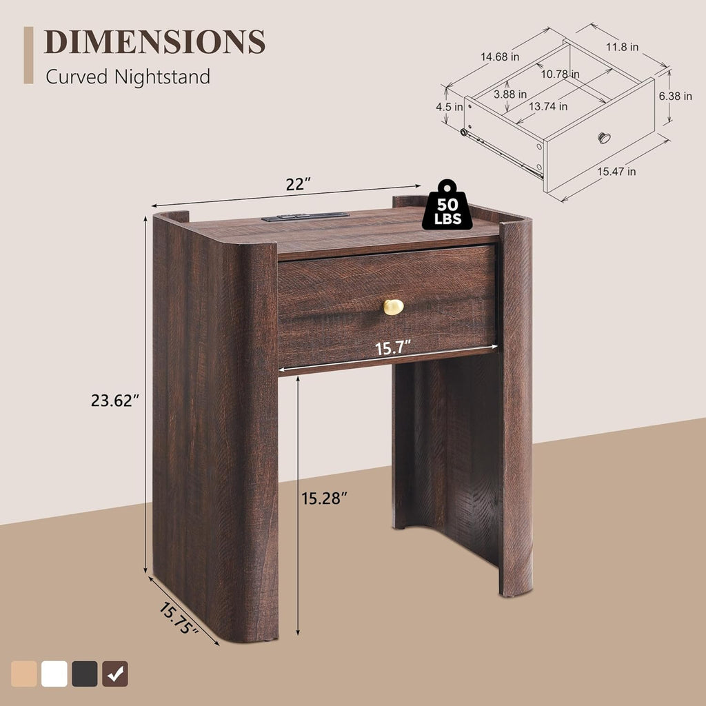 23.6" Tall Modern Nightstand with Charging Station, 22" Wide Curved Bedside Table with 1 Storage Drawer, Wooden Night Stand, Large End Table for Bedroom, Living Room, Brown