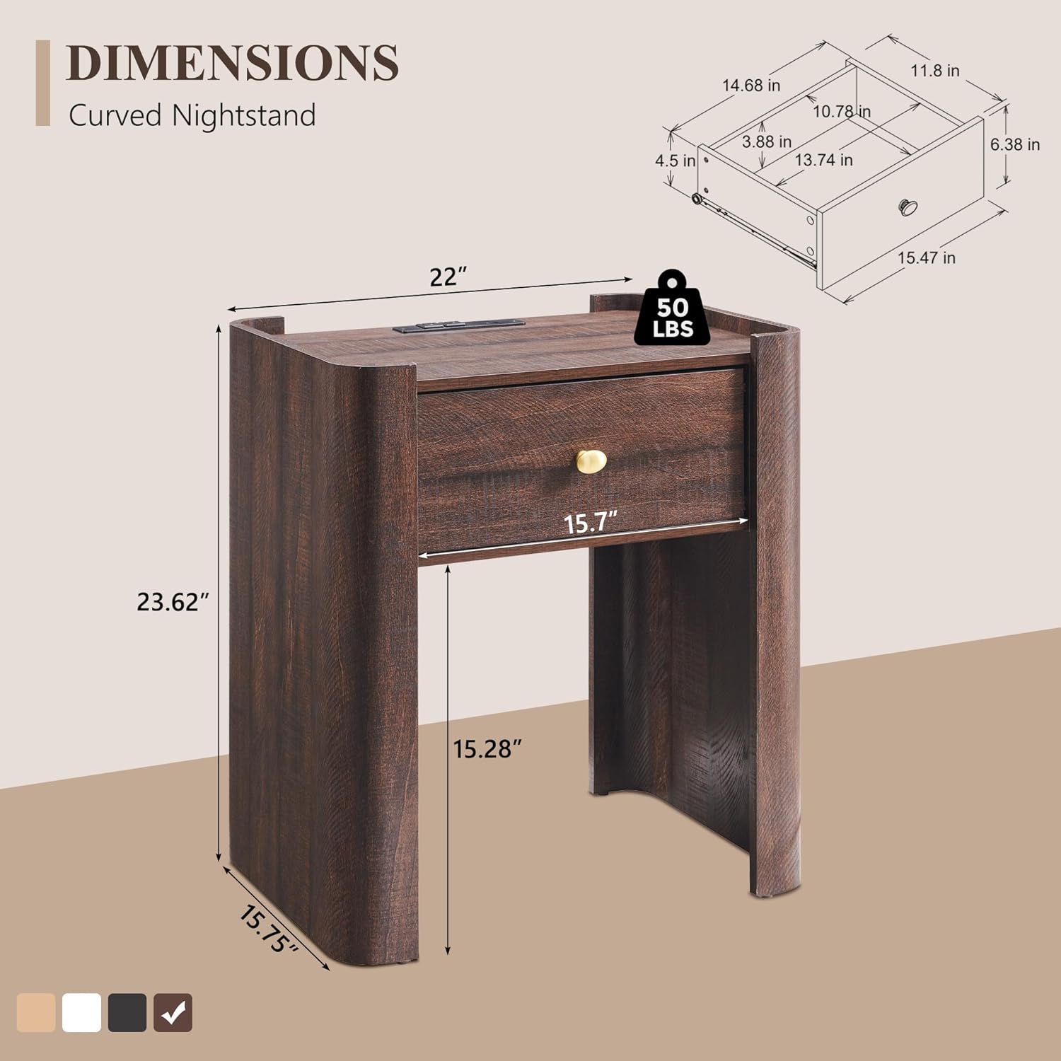 23.6" Tall Modern Nightstand with Charging Station, 22" Wide Curved Bedside Table with 1 Storage Drawer, Wooden Night Stand, Large End Table for Bedroom, Living Room, Brown