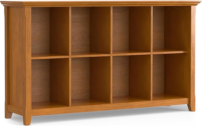 SIMPLIHOME Acadian Console Table - 57 Inch Wide Solid Wood 8-Cube Storage Sofa Table in Light Golden Brown, Storage Unit for Living Room or Bedroom with Grooved Side Panels and Tapered Legs