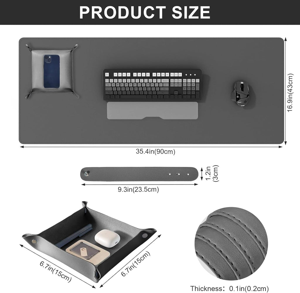DAWNTREES Dual Sided Desk Mat,Leather Desk Pad,35.5"x17",Cork Desk Mat Protector,with PU Leather Valet Tray Organizer,Large Mouse Pad,Desk Writing Pad for Office and Home(Dark Gray)