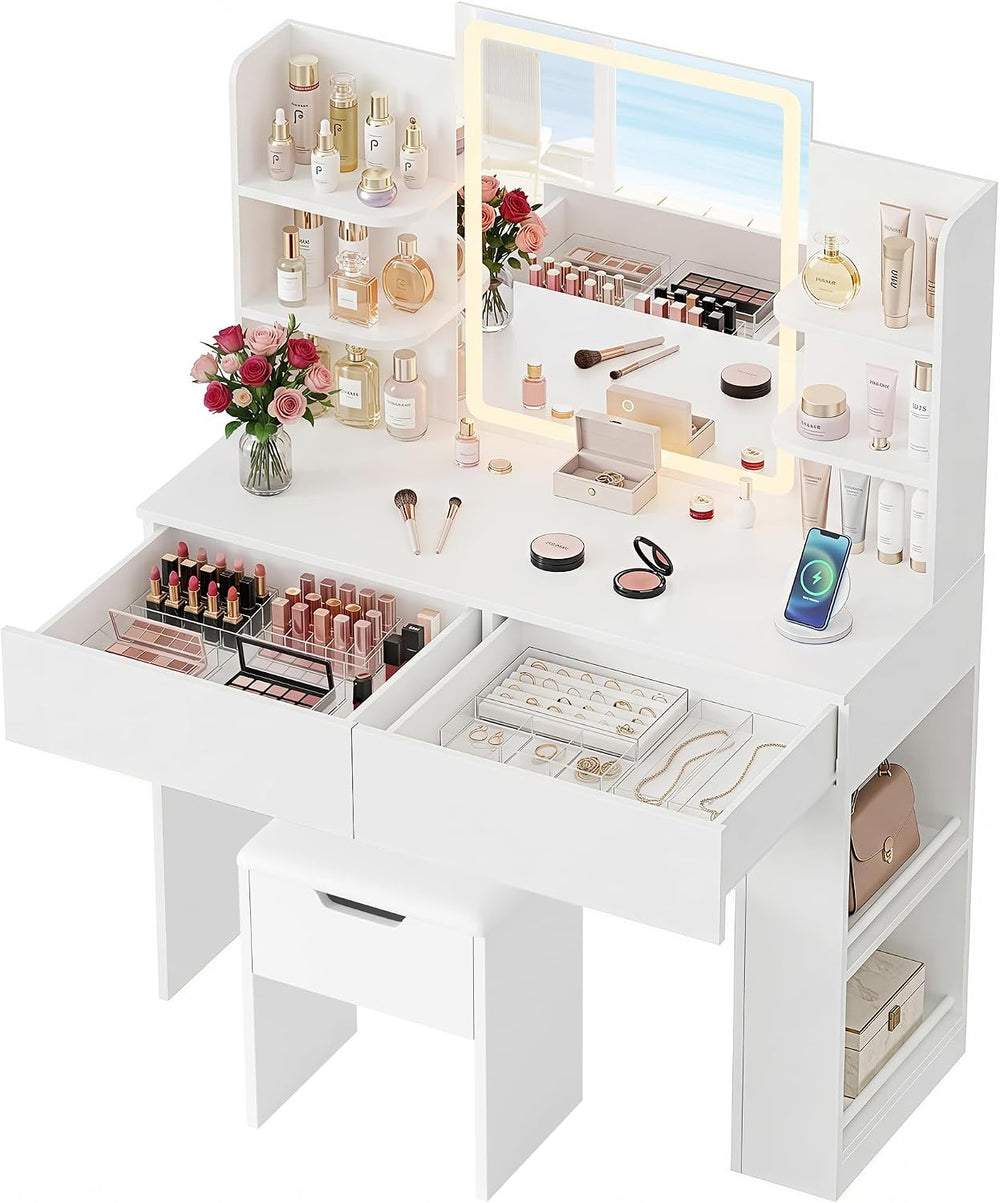 Furmax Vanity Desk with Mirror and LED Lights, White with Bench | Makeup Vani...
