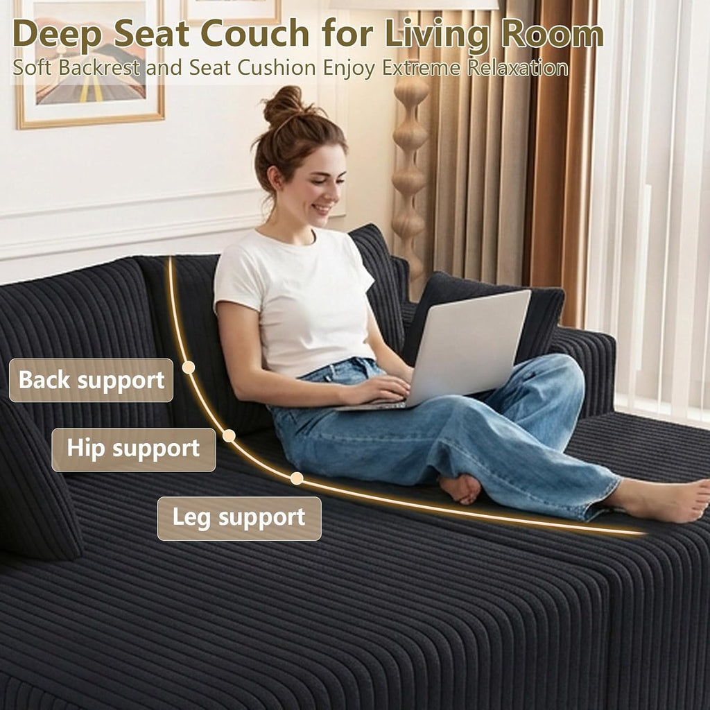 71" Oversized Double Chaise Lounges Indoor, Upholstered Corduroy Oversized Chaise Lounge Chair, Modern Sleeper Loveseat Chair Boneless Cloud Couch for Living Room Bedroom Reading (Black)