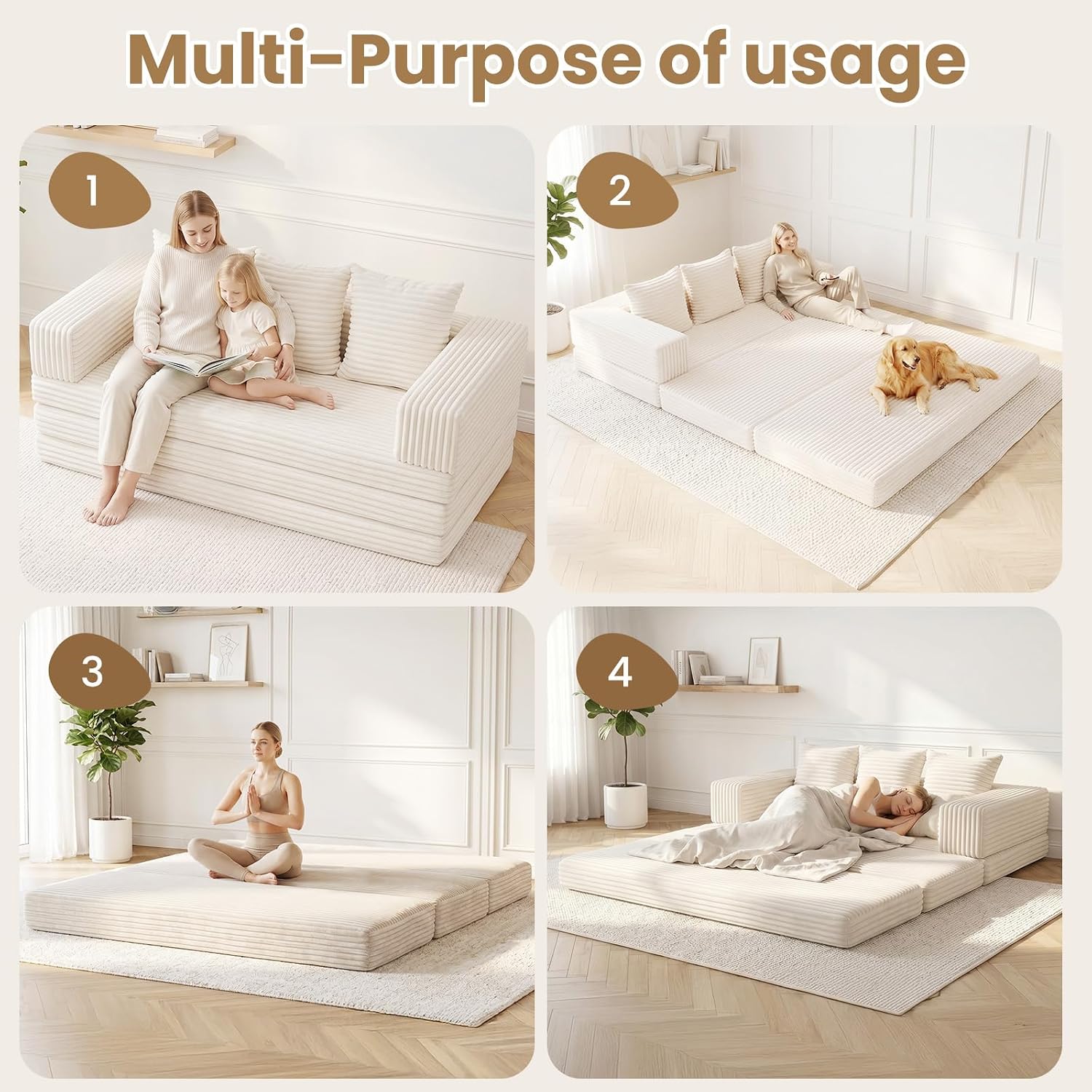 Convertible Sofa Bed,3 Seater Couch Futon Sleeper Sofa with Removable Armrests Backrest,Corduroy Folding Floor Boneless Couch for Living Room,Small Space,Beige