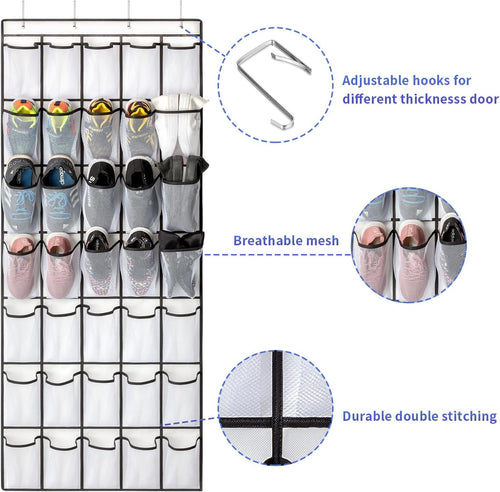 35 Pockets Over the Door Shoe Organizer, Hanging Shoe Organizer for Door with 35 Mesh Pockets Large Capacity Shoe Hanging Storage Bag with 4 Metal Hooks (White-1Pack)