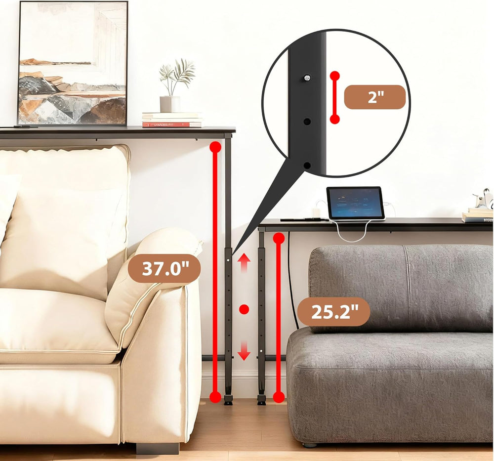 Keelian 90 inch Behind Couch Table with Outlets Adjustable Sofa Table Black