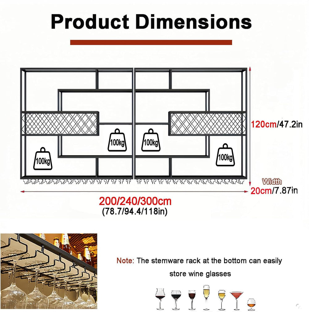 LED Wall Mounted Wine Rack with Glass Holder, Iron Bar Shelf | Warm LED Backl...