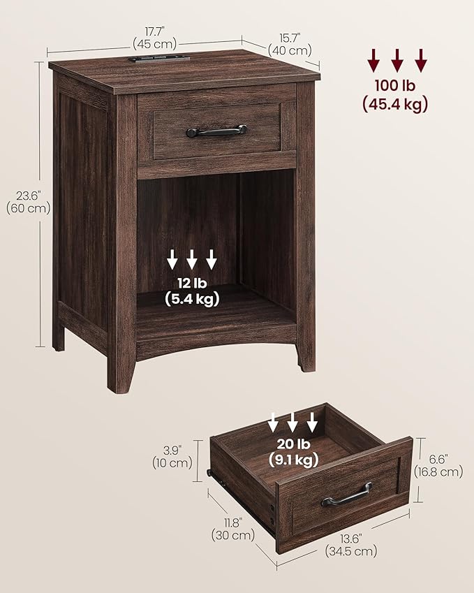 VASAGLE LIRY Collection - Farmhouse Nightstands with Charging Station, Set of...