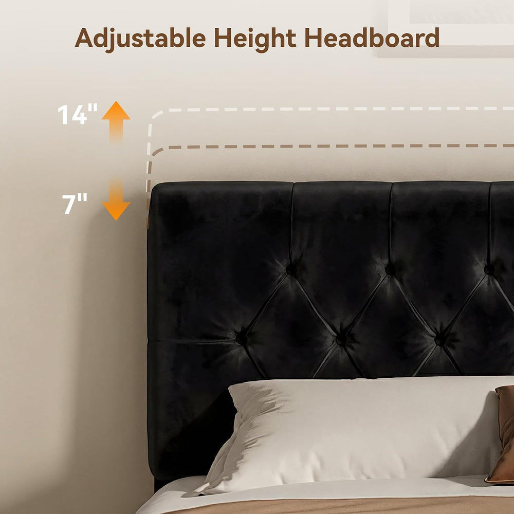 King Size Bed Frame w/ Headboard,Velvet Fabric Upholstered Bed Frame,Black