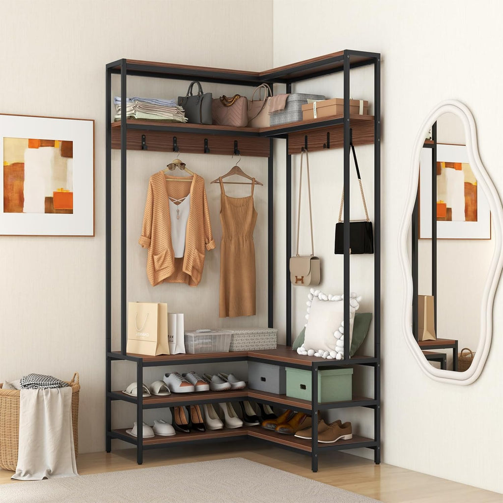 Tangkula Corner Hall Tree, 70 Inch Coat Rack with Bench and Shoe Storage, Entryway Furniture with 7 Hooks, Heavy Duty Metal Frame, Space Saving Clothes Rack Shoes Shelf Organizer (Brown)