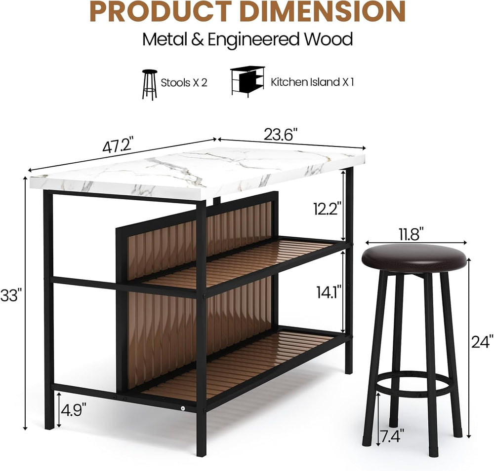 DKLGG Kitchen Island with Stools & Storage, Modern Dining Table Set for 2...