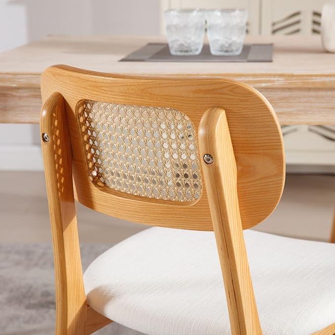 Rattan Dining Chairs Set of 4 Beige Linen Fabric Dining Room Chairs Natural Wooden Kitchen Chairs Farmhouse Boho