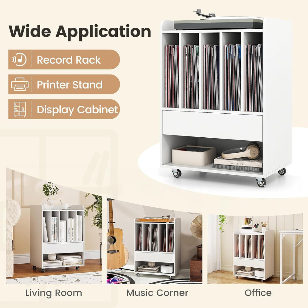LOKO Record Player Stand On Wheels, Rolling Turntable Stand with 5 Compartmen...