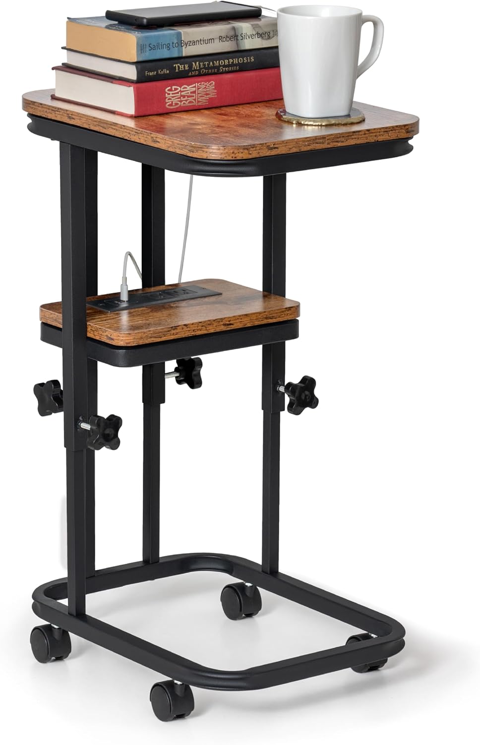 C Shaped End Table with Charging Station, Adjustable Height with Lockable Whe...