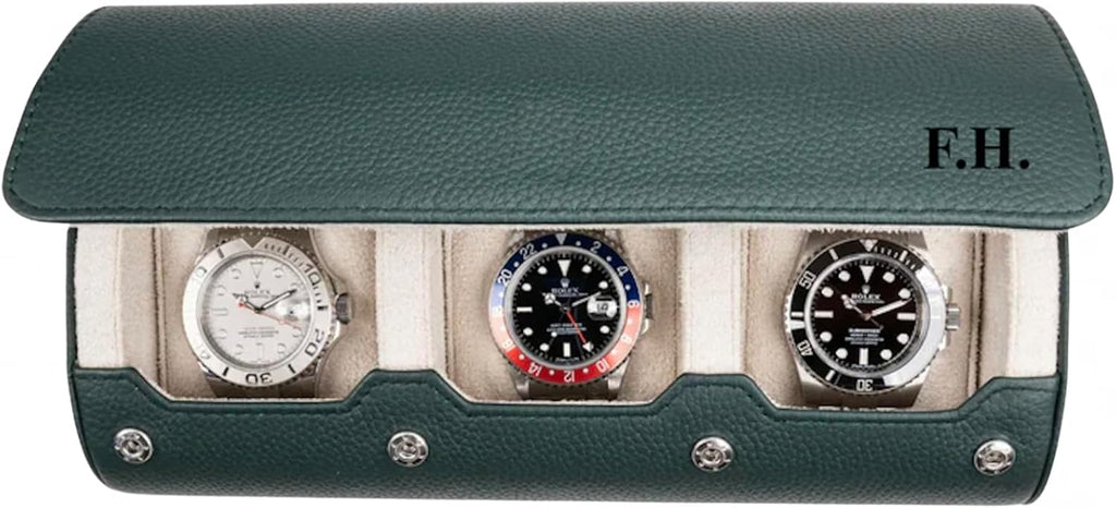 DailyWatch | Personalized Watch Roll Travel Case For 3 Watches - Handmade Genuine Leather Travel Case With Custom Engraving of Name or Initials - Dark Green Litchi