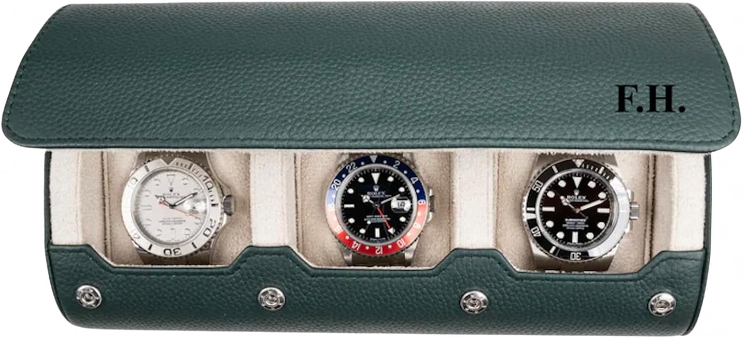DailyWatch | Personalized Watch Roll Travel Case For 3 Watches - Handmade Genuine Leather Travel Case With Custom Engraving of Name or Initials - Dark Green Litchi