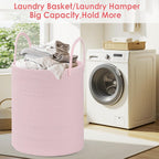 Cotton Rope Storage Basket with Handles, Large 60L Collapsible Laundry Hamper for Clothes, Sturdy Nursery Organizer Blanket Basket for Living Room,Toy Bin for Kids Bed Room,15"x15"x18",Pink