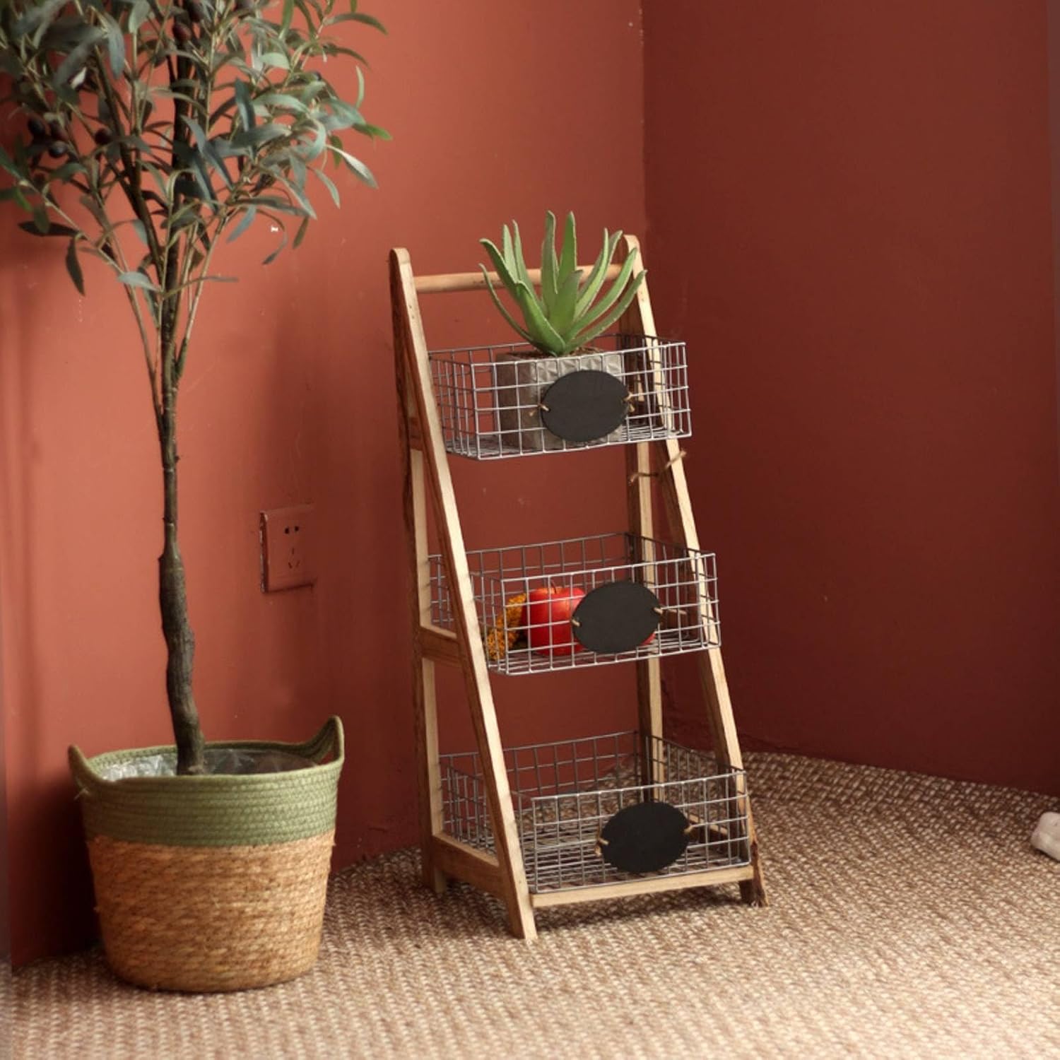 Ladder Storage Rack with Wire Baskets Compact V-Shaped Support Stand Basket Space-Saving Freestanding Ladder Shelf for Living Room