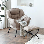 Welnow Lazy Chair with Ottoman, Modern Reading Lounge Accent Chair with Armrests and a Side Pocket, Leisure Upholstered Lazy Sofa Set with Footrest for Small Space, Khaki