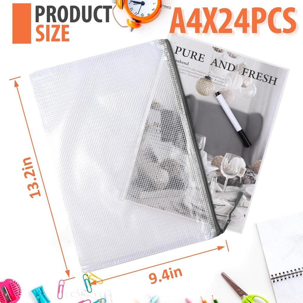24 Pack A4 Mesh zipper pouch bags, Storage Bags, File Bags for Classroom Organization, Zipper Pouches of office supplies, Puzzles, Board Game Storage（Black）