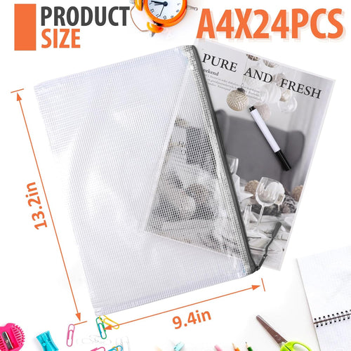 24 Pack A4 Mesh zipper pouch bags, Storage Bags, File Bags for Classroom Organization, Zipper Pouches of office supplies, Puzzles, Board Game Storage（Black）