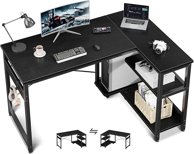 Casaottima L Shaped Computer Desk, 48 Inch Small Corner Desk with Storage Shelves & PC Stand, Reversible Gaming Desk for Bedroom, Modern Writing Study Table for Home Office, Black