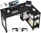 Casaottima L Shaped Computer Desk, 48 Inch Small Corner Desk with Storage Shelves & PC Stand, Reversible Gaming Desk for Bedroom, Modern Writing Study Table for Home Office, Black