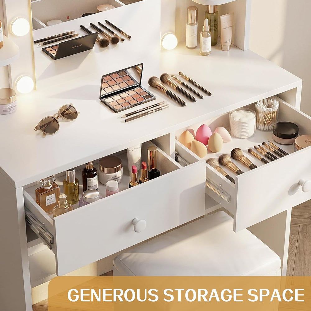 FUXA Makeup Vanity Desk with LED Mirror and Chair Set, White | 3 Lighting Mod...