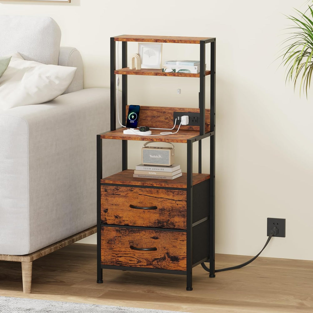 Furnulem Night Stand, Tall Nightstand with 4-Tier Shelves, 2 Fabric Drawers |...