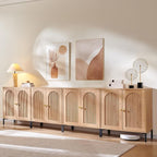 Modern TV Stands for 85 Inch TVs, 123.5‬"W Wood Entertainment Center w/Adjustable Shelves, Mid Century Modern TV Stand w/Arched Fluted Doors, Media Console Cabinet for Living Room, Natural