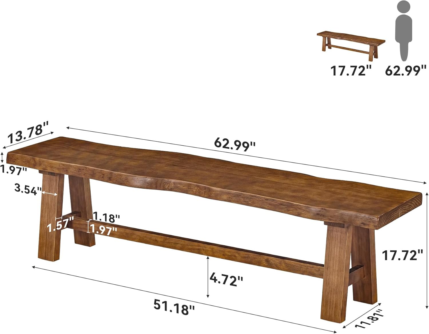 63" Long Solid Wood Dining Bench, Farmhouse Entryway Bench with Angled Legs for Dining Room, Kitchen, Entryway, Rustic Brown