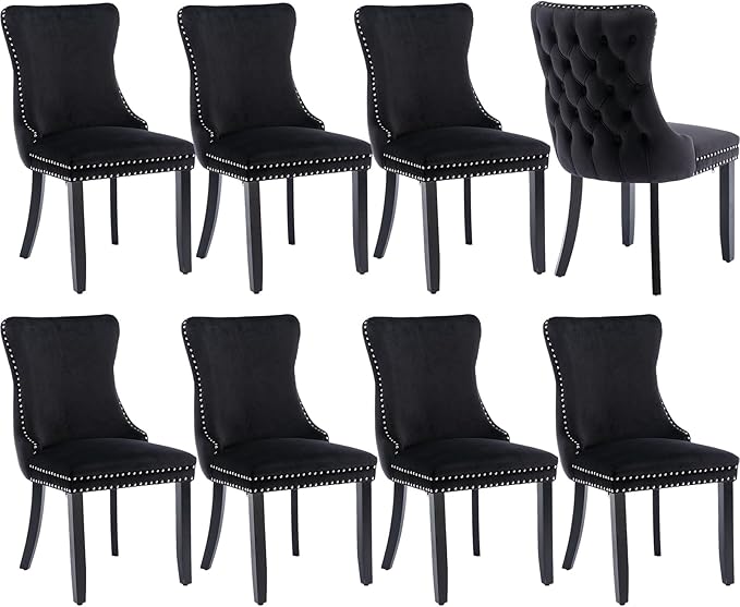 Modern Dining Chairs Set of 8, Upholstered Dining Chair with Full Back and Button Tufting, Black Velvet Accent Chair, Sillas de Comedor, Kitchen & Dining Room Chairs (Black, Velvet, 8Pcs)