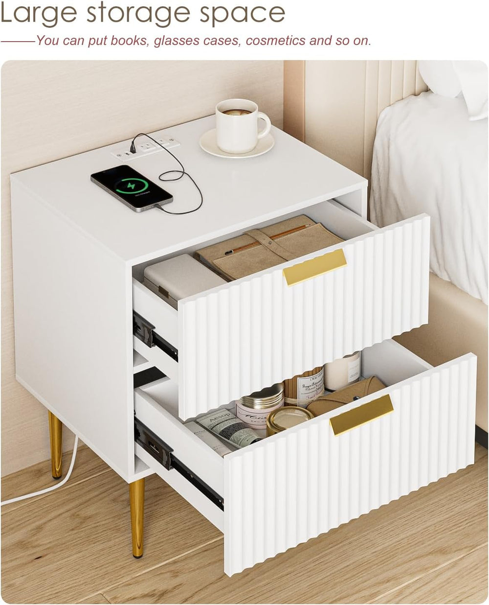 Nightstand with Charging Station, Bedside Table with Gold Frame,White Night S...