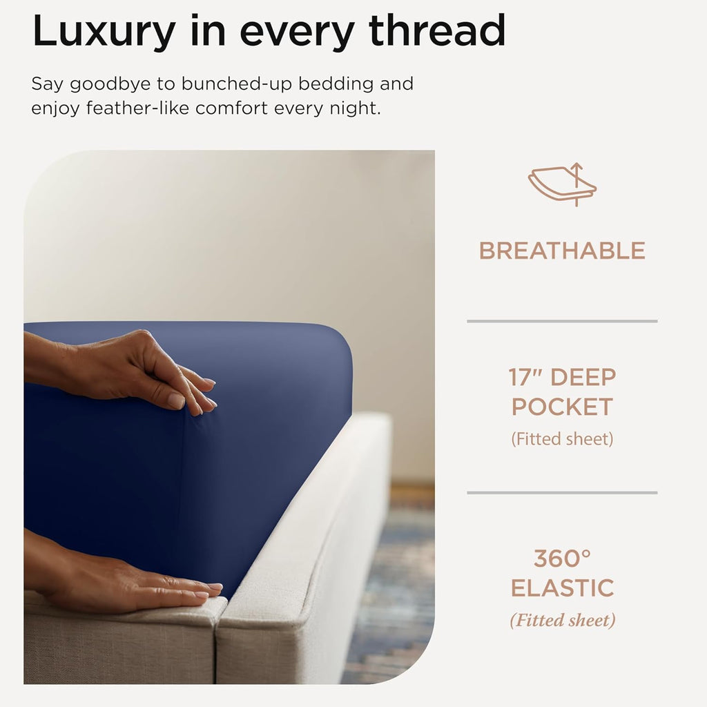 Threadmill Supima Cotton Sheets Queen | 656 Thread Count Queen Sheets for Queen Mattress | 4 Piece Luxury Bed Sheets | Sateen Weave Hotel Quality Sheet with Elasticized Deep Pocket | Folkstone Blue