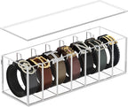 FEMELI Belt Organizer, Acrylic Belt Storage for Closet with Dust Cover, 7 Compartments Belt Container Display Holder for Drawer, Clear Belt Tie Case for Women Men Home