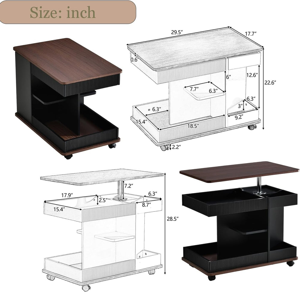 Lift Top End Table with Wheels, Rotating Sofa Side Table, 360°Rotating Top &a...