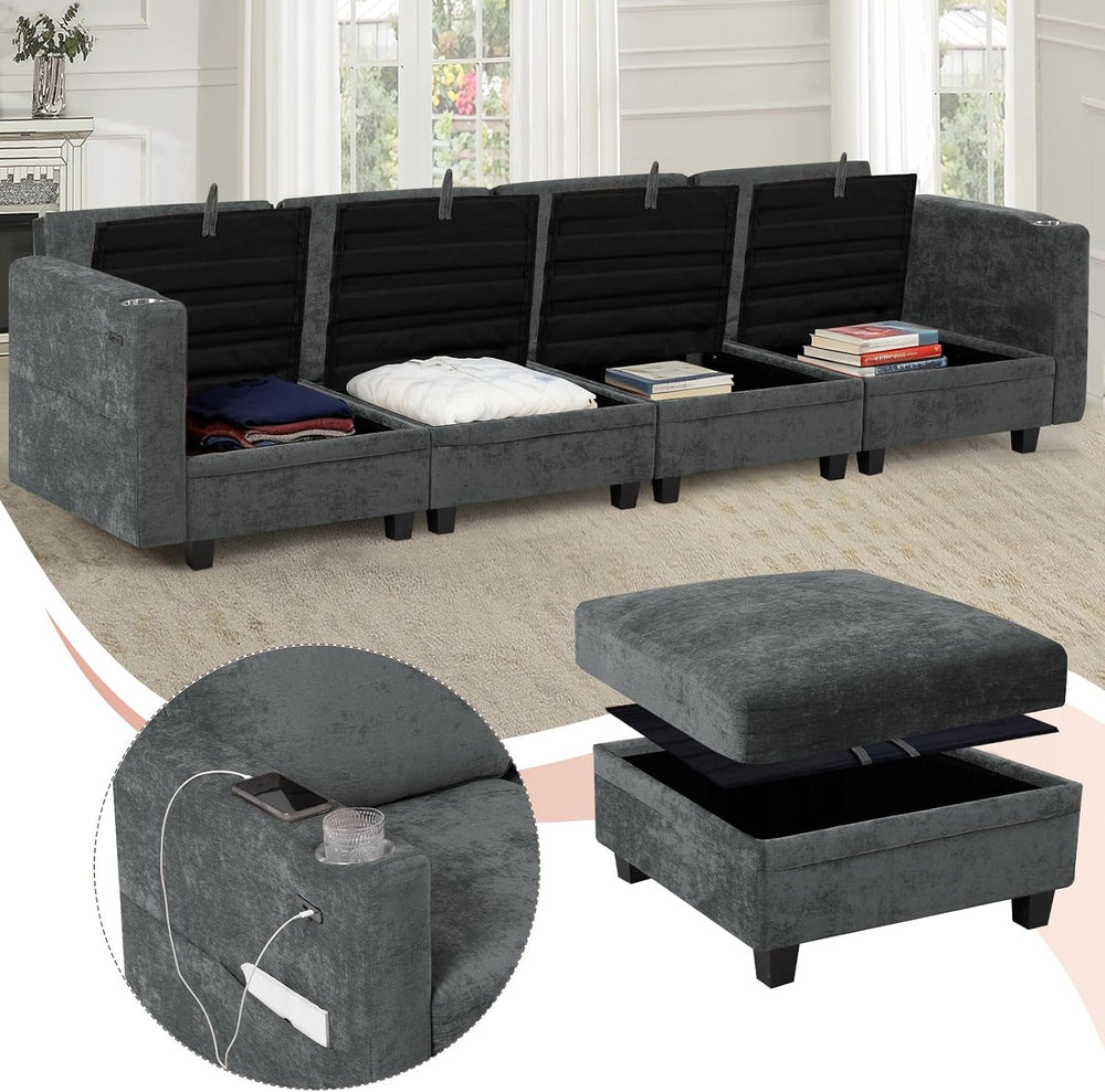110" Chenille U-Shape Sofa w/& Adjustable Backrests, Grey | Upholste...