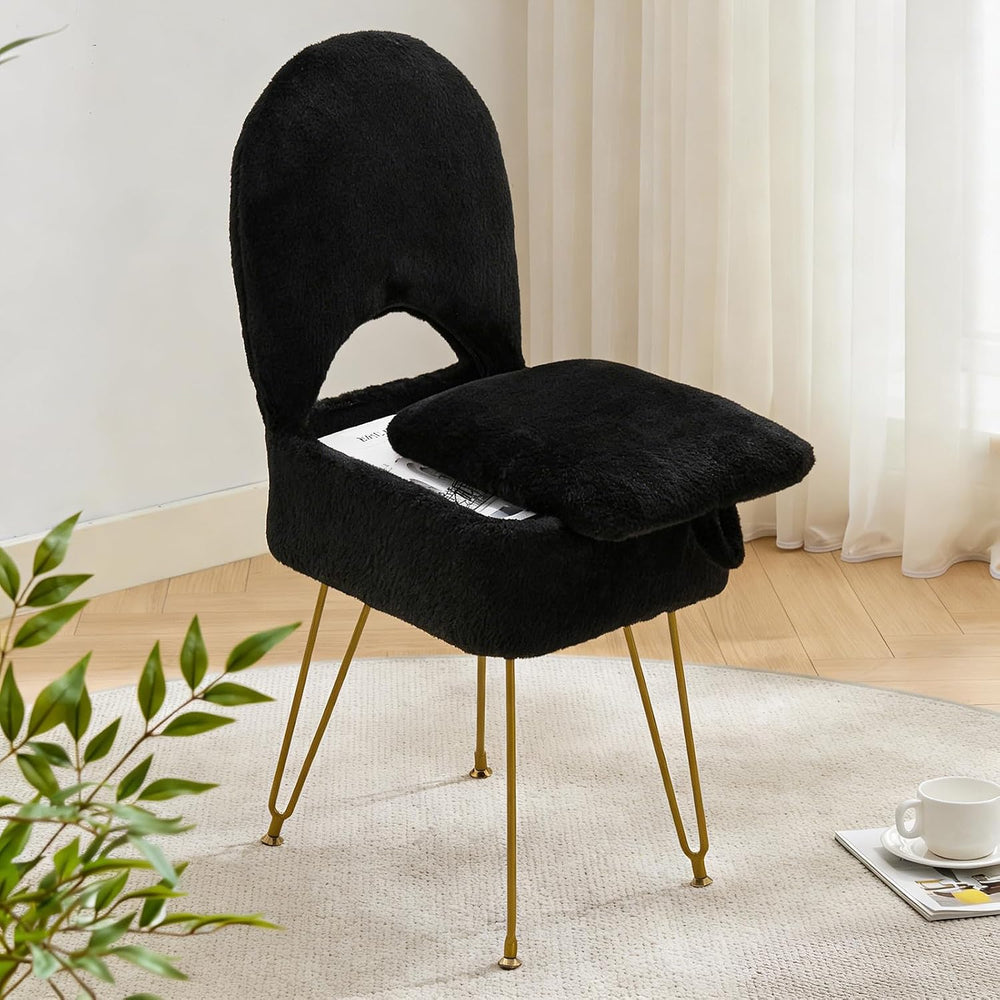 Gitrah Black Vanity Chair with Storage, Folding Back Faux Fur Vanity Stool, M...