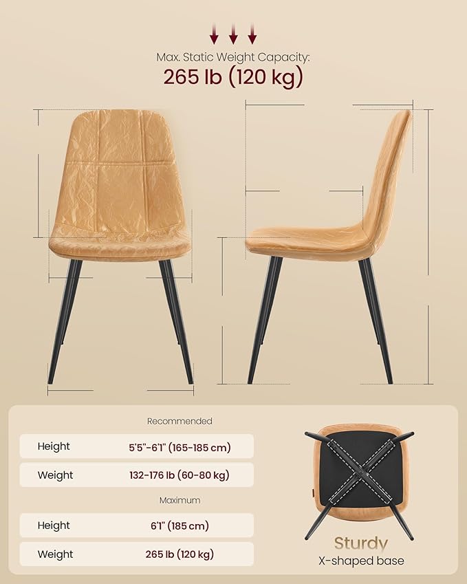 VASAGLE Dining Chairs, Set of 4 Dining Room Chairs, Metal Frame, Adjustable Feet, Easy to Clean, Glacier-Textured Synthetic Leather, for Kitchen, Caramel Brown UKDC188K01
