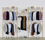 Industrial Pipe Clothing Rack Wall Mounted 5 Hanging Rods Garment Bar with Storage Shelf, Heavy Duty Metal Clothes Racks Closet System for Hanging Clothes Retail Display (Gold)