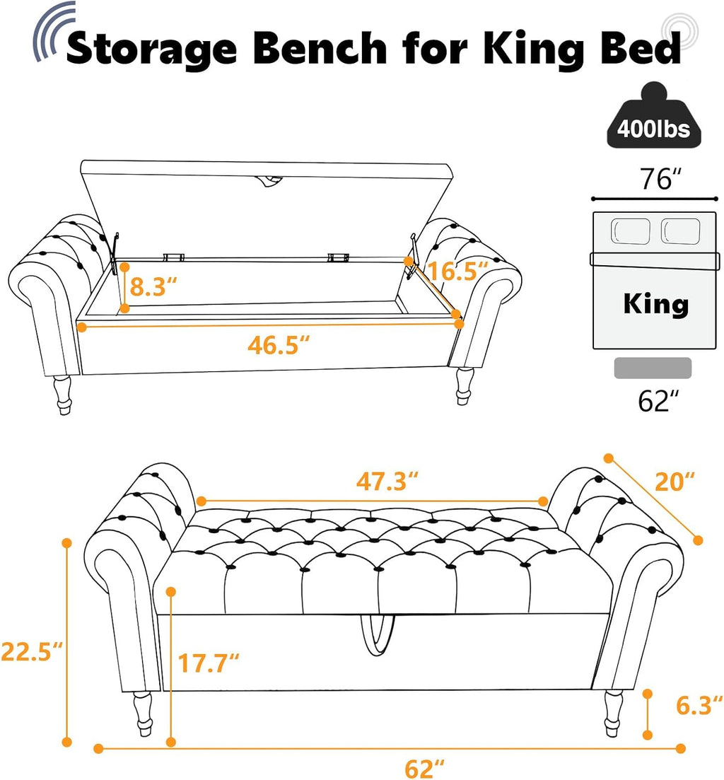 67'' End of Bed Storage Bench King Size, Storage Bench for Bedroom End of Bed, Upholstered Velvet Tufted Storage Ottoman Benches with Arms for Living Room, Entryway, Dark Blue