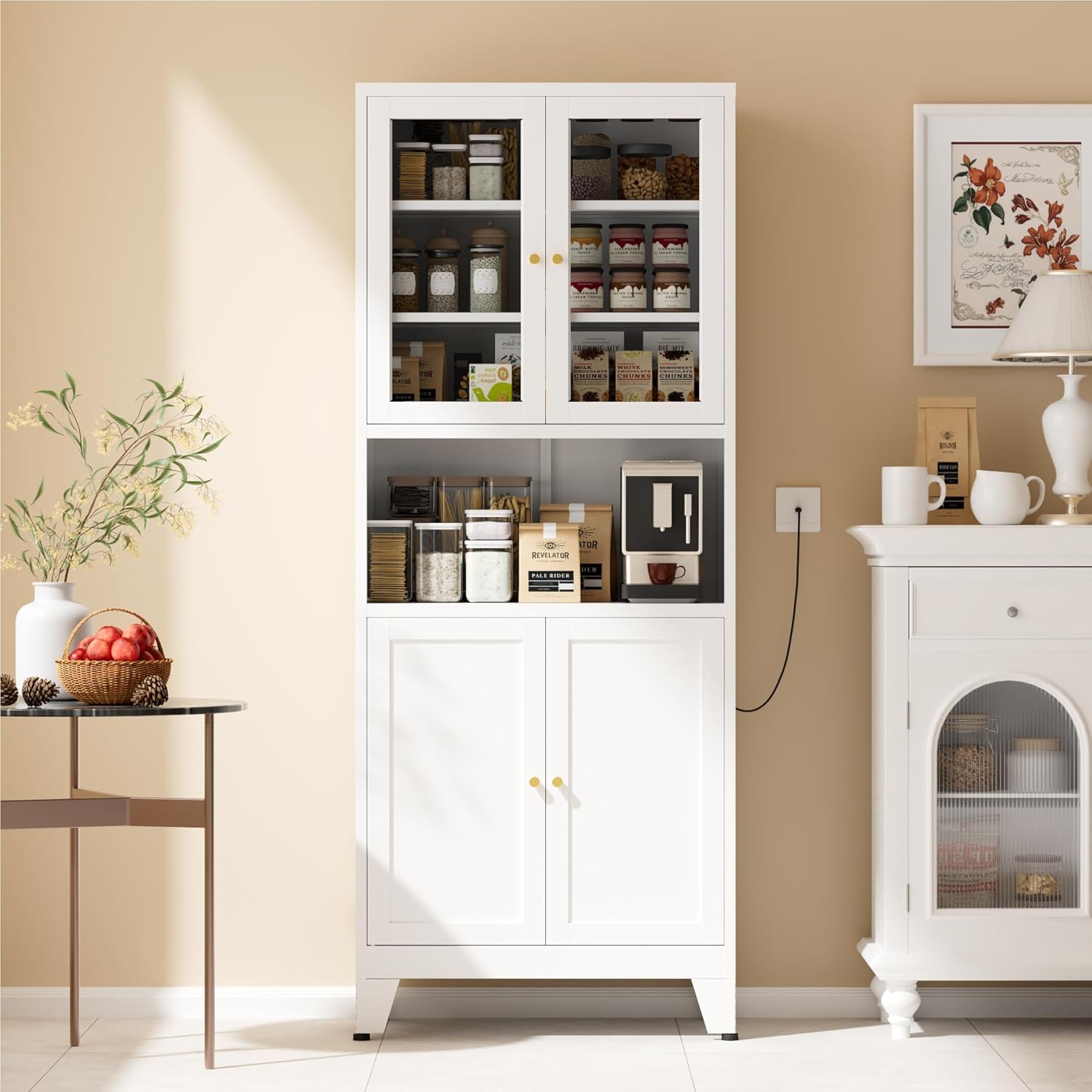 COFaR 69" Metal Pantry Cabinet,Metal Storage Cabinet with 2 Glass Doors | Tall Kitchen Pantry with Doors and Shelves, Microwave Shelf, Freestanding Cupboard for Kitchen, Dining Room, Bathroom, White