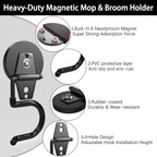 3-H Magnetic Mop Broom Holder and Mop Organizer 4 Pack, Heavy Duty Strong Utility Magnetic Tools Holde, Anti-Slip Strong Metal Garden Tool Rack for Garage, Laundry, Garden (Black)
