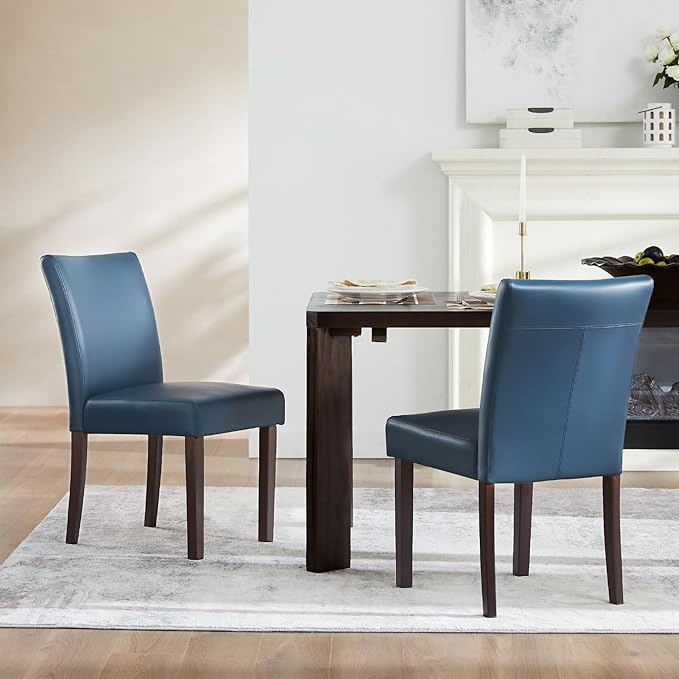Watson & Whitely Upholstered Dining Chairs Set of 4, Faux Leather Armless Dining Room Chairs with Solid Wood Legs & Back Side Chair for Kitchen, Living Room, Restaurant, Blue