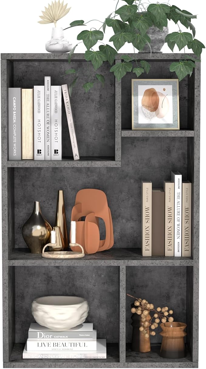 VECELO Contemporary Bookshelf, 5 Cube Shelf, Fits Tallest Hardcovers, Horizontal Available, Storage Organzier for Home Office,Modern Gray