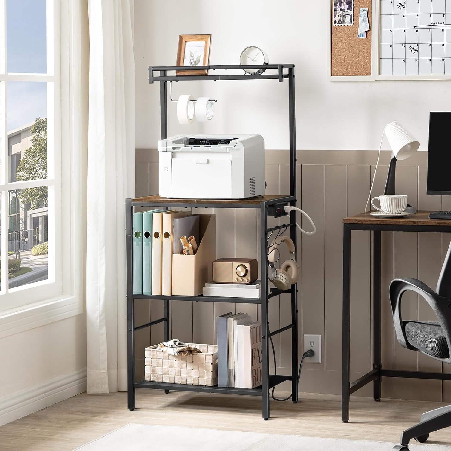 MAHANCRIS Bakers Rack with Storage, Microwave Stand with Paper Holder, Bakers Rack with Power Outlet, Coffee Bar Station with 6 Hooks, for Kitchen, Dining Room, Rustic Brown and Black BRHR36E01